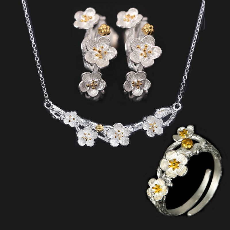 Silver Color Plum Flower Necklaces Ring Earrings Sets
