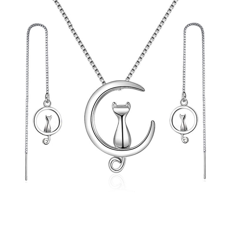 Silver Color Moon Cat Earrings Choker Long Chains Necklaces Jewelry Set