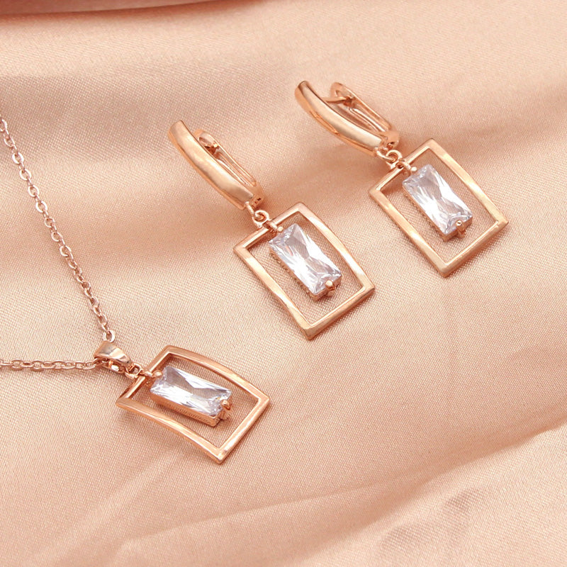 Korean Square Shaking Cubic Zirconia Dangle Earrings Pendant necklace Jewelry Sets