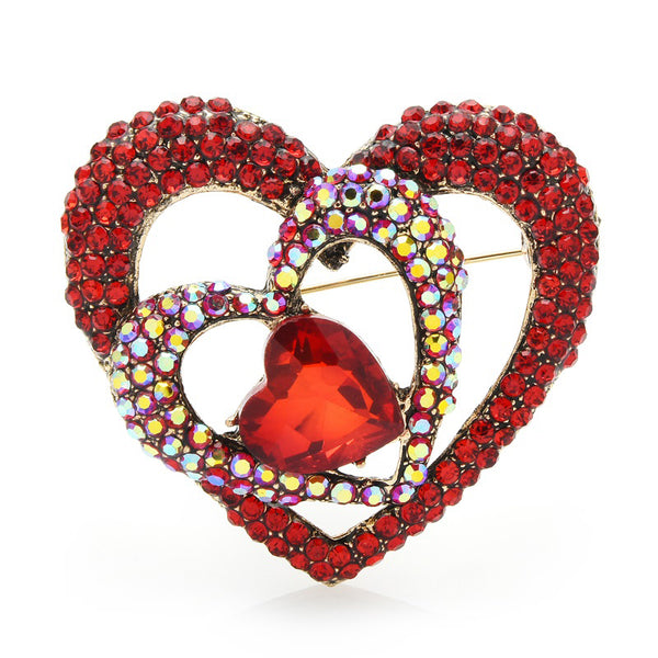 Red Rhinestone Heart Brooches For Women New Design Office Party Brooch