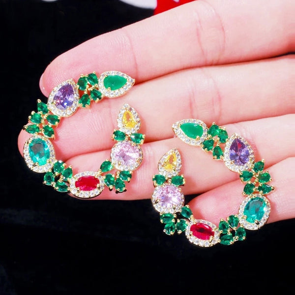 Emerald Green CZ Stone Paved Asymmetric Duibai Yellow Gold Round Big Luxury Women Earrings