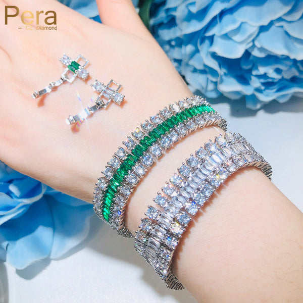 Big Green And White Cubic Zirconia Paved Silver Color Bangles Jewelry