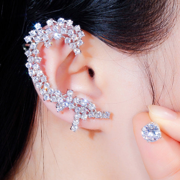 Sparkling Round Cubic Zirconia Long Big Asymmetrical Ear Climber Clamp Stud Earrings