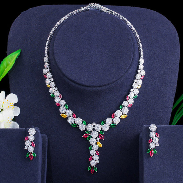 Conjuntos de joyas para mujer con collares y pendientes de circonita cúbica nigeriana de colores con forma de hoja y flor larga.