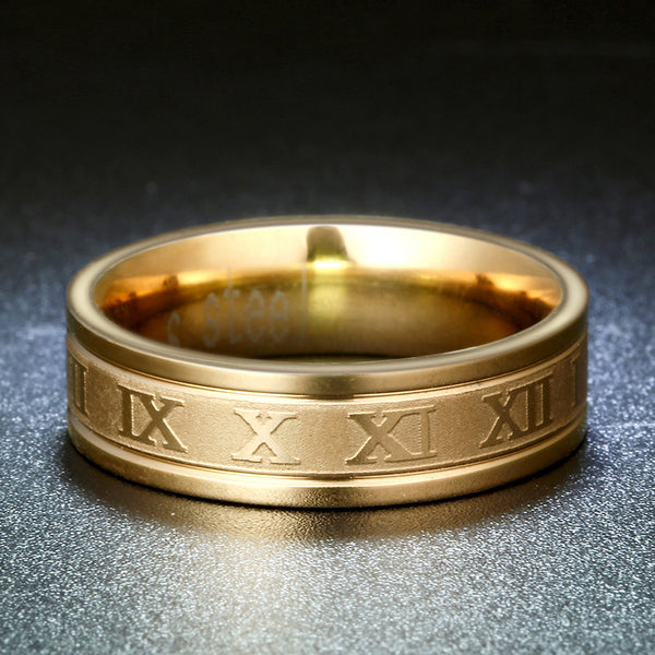 Gold-Color Roman Numerals Ring Stainless Steel Men Women Biker Ring
