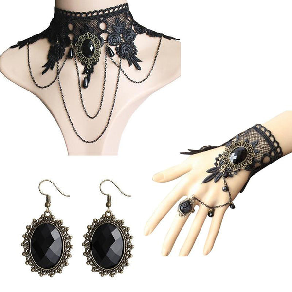 Conjunto de collar, gargantilla, anillo, pulsera y pendientes colgantes de encaje vintage