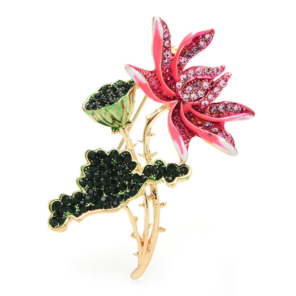 Pink Enamel Lotus Flower Brooches Women Rhinestone Lotus Root Party Office Brooch