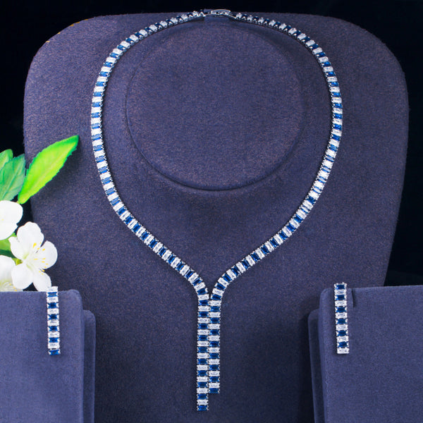 Color Long Pendant Baguette CZ Necklace Earrings  Jewelry Sets