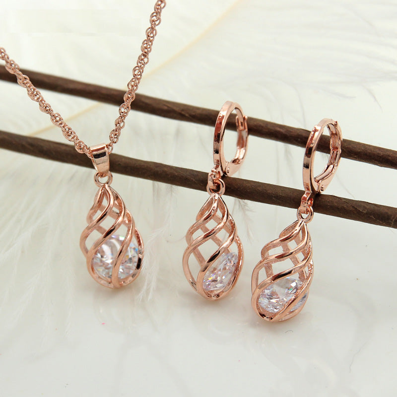 Spiral Hollow Water Drop Dangle Drop Zircon Earrings Rose Gold Color Jewelry Set
