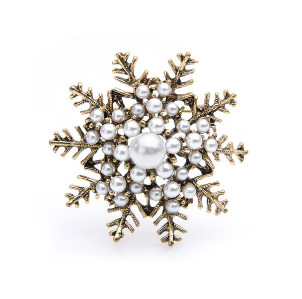 Retro Pearl Snowflake Brooches Women Alloy Flower Brooch