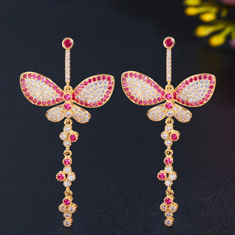 Butterfly  Fuchsia Red Cubic Zirconia Yellow Gold Long Dangle Earrings for Women