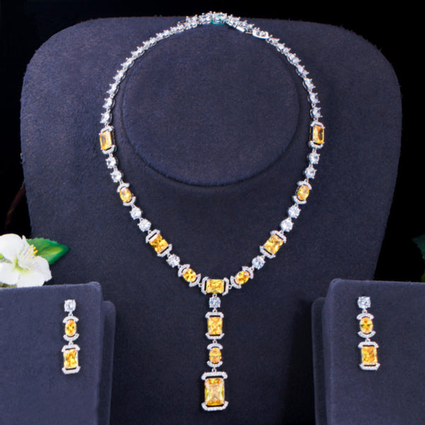 Square Oval CZ Crystal Pendant Necklace Earrings for Brides Wedding Gift