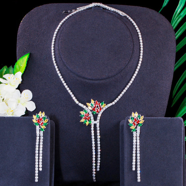 Conjunto de collar y joyería con borlas de circonita cúbica redondas y largas con flores coloridas para boda, fiesta de noche