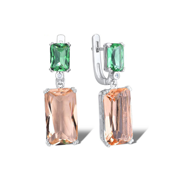 925 Sterling Silver Shiny Green Champagne Crystal Dangling Earrings