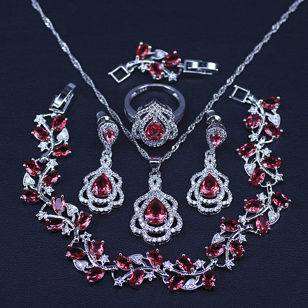 Conjuntos de joyas de color plata con circonita cúbica roja y rosa de pera para regalo de Navidad