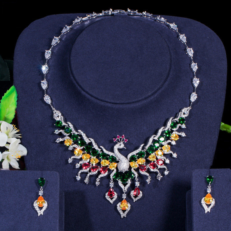 Luxurious Big Statement Peacock Shape AAA+ Multicolor Cubic Zirconia Necklace and Earrings  Jewelry Sets