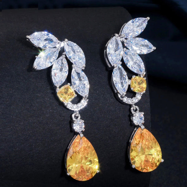 Pendientes largos colgantes de circonita cúbica color plata con forma de marquesa amarilla grande de Bohemia