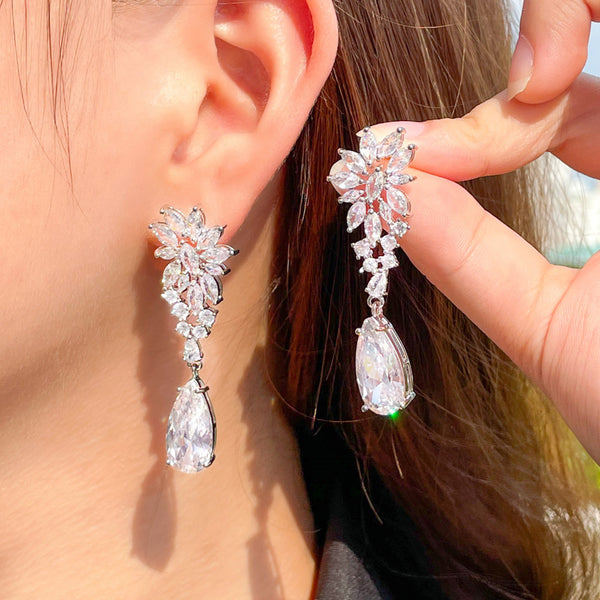 Long Dangling Water Drop Sparkling Cubic Zirconia Engagement Silver Color Jewelry Dangle Earrings