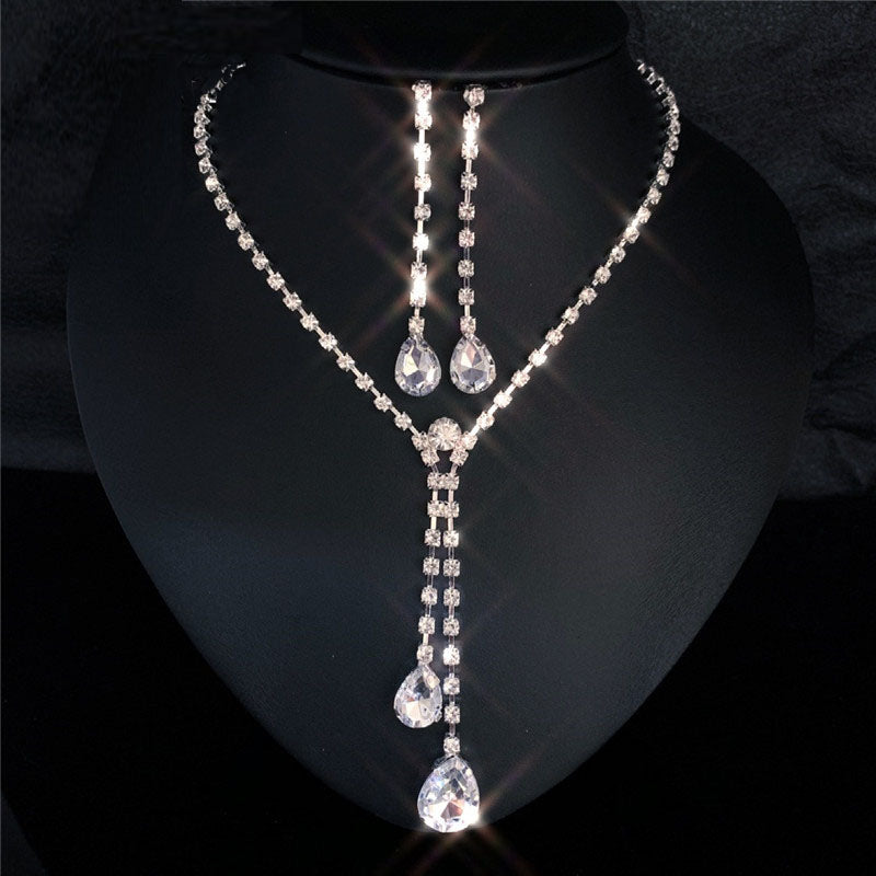 Water Drop Rhinestone Long Pendant Full Crystal Silver Jewelry Set