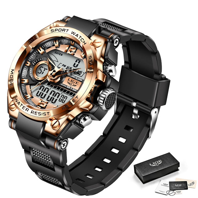 Mens LED Dual Display Watch Fashion Army Outdoor Waterproof Watch