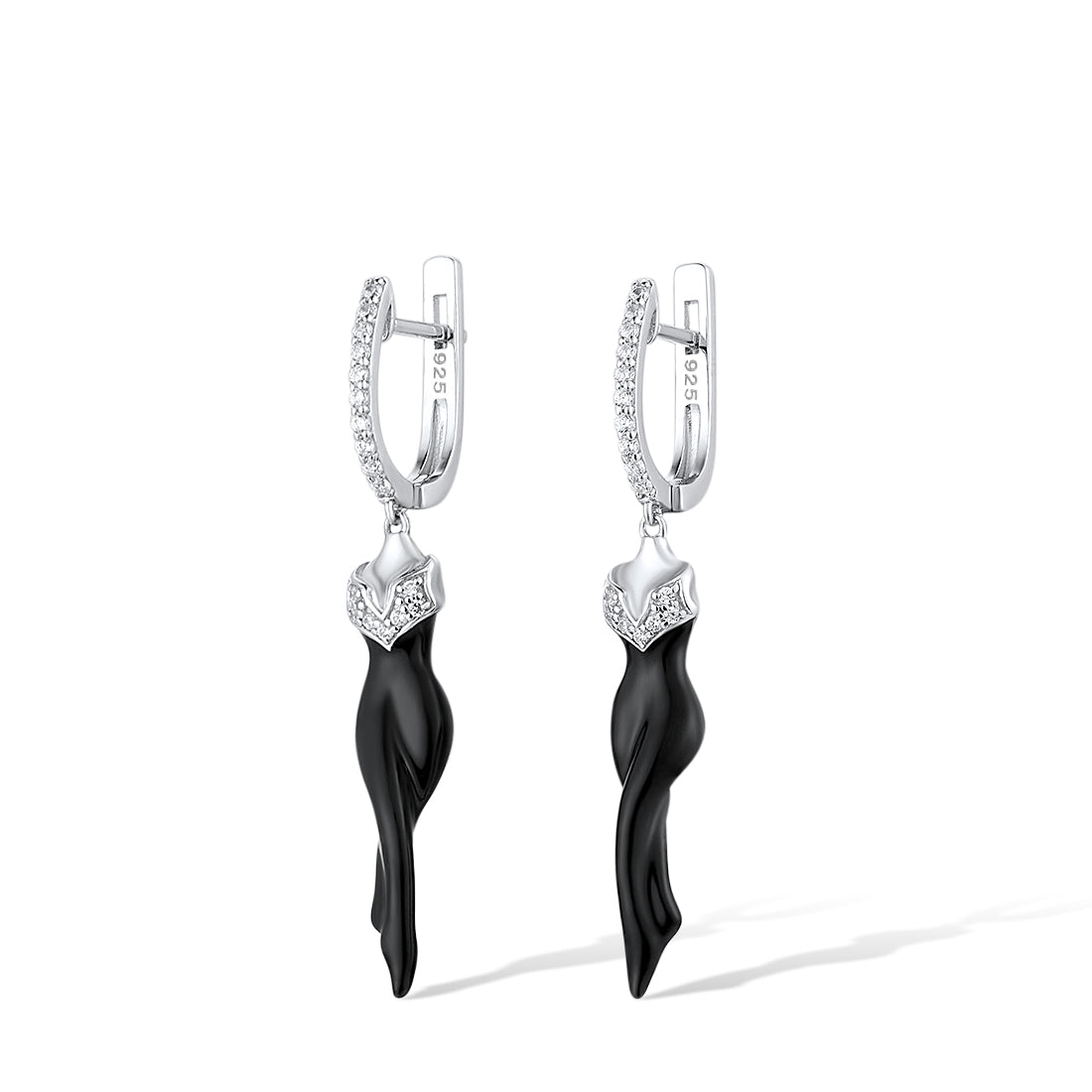 Shiny White Cubic Zirconia Black Enamel Dancing   Drop Earrings