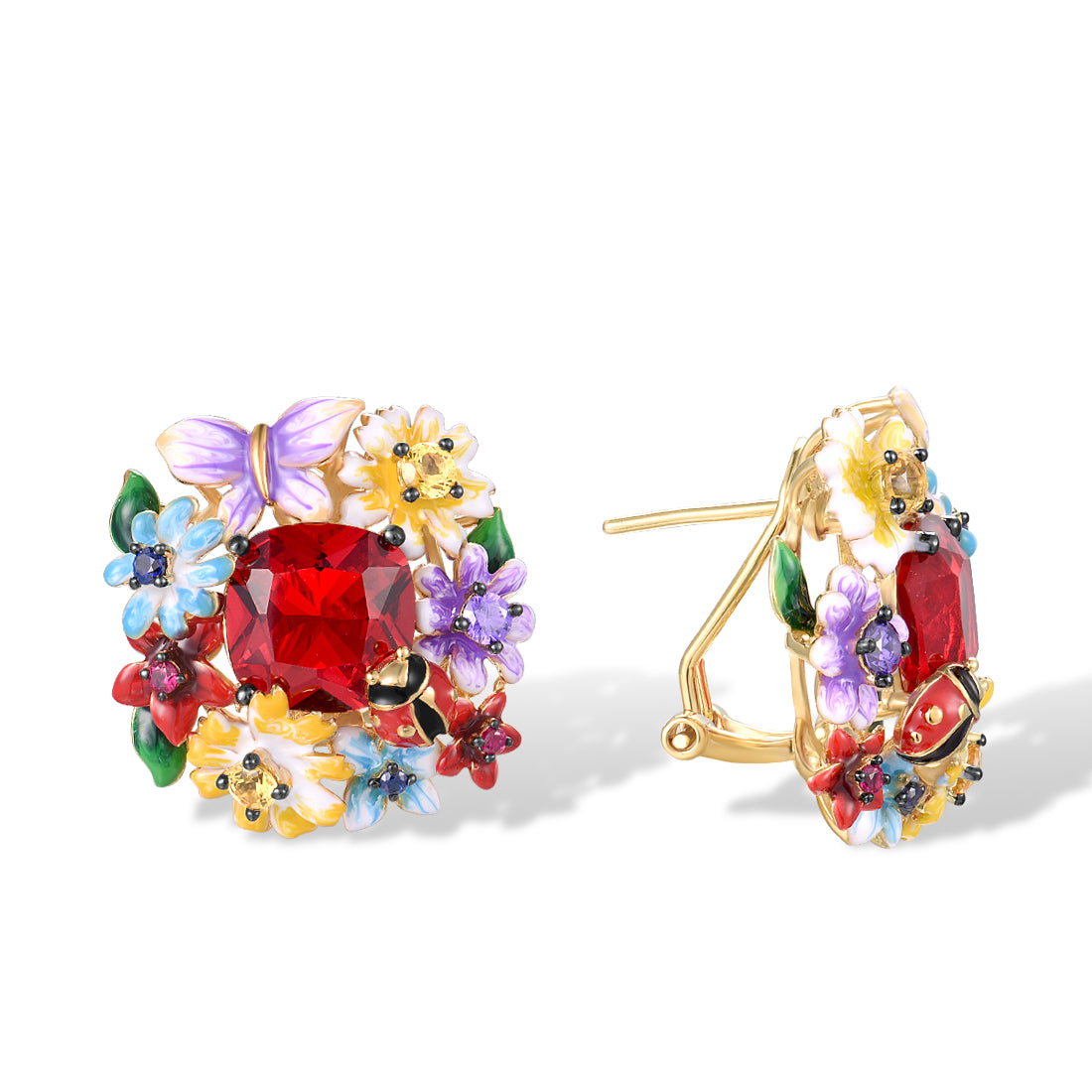 925 Sterling Silver Earrings  Red Stone Colorful Flowers Butterfly Ladybug Earrings