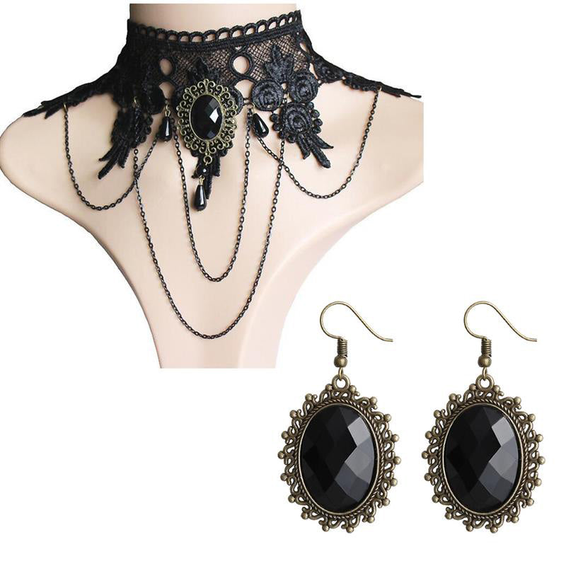 Vintage Lace Choker Necklace Ring Hand Bracelet Drop Earrings Set