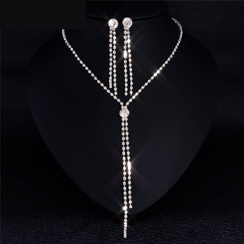 Water Drop Rhinestone Long Pendant Full Crystal Silver Jewelry Set