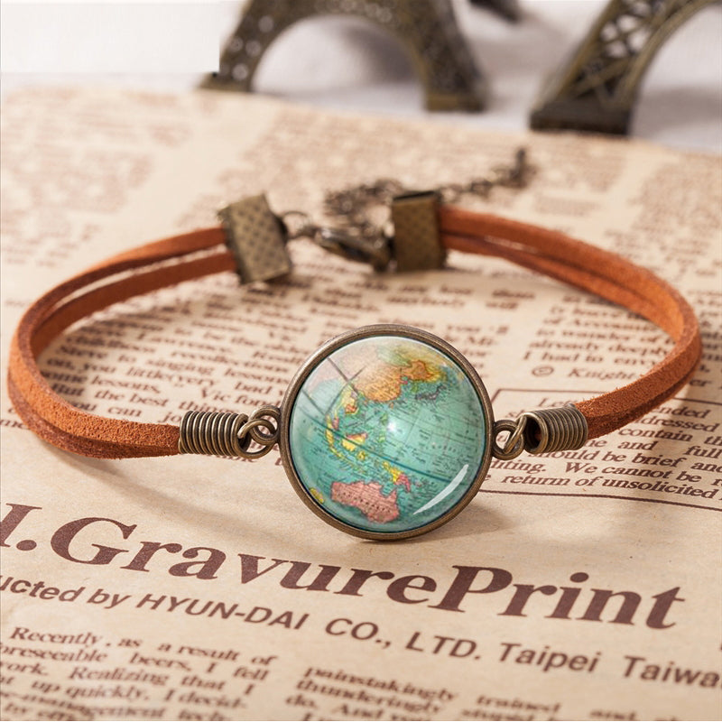 Planet Earth World Globe Map  Vintage Leather Bracelet
