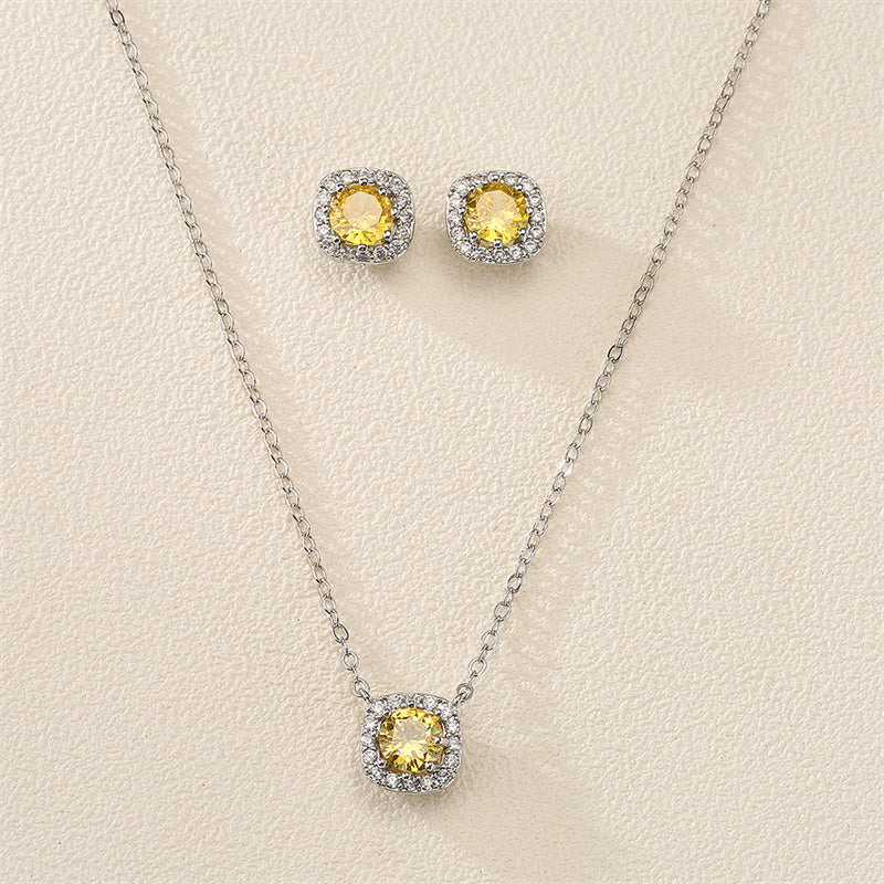 Fashion Yellow White Cz Zirconia Square Earrings & Necklace Set