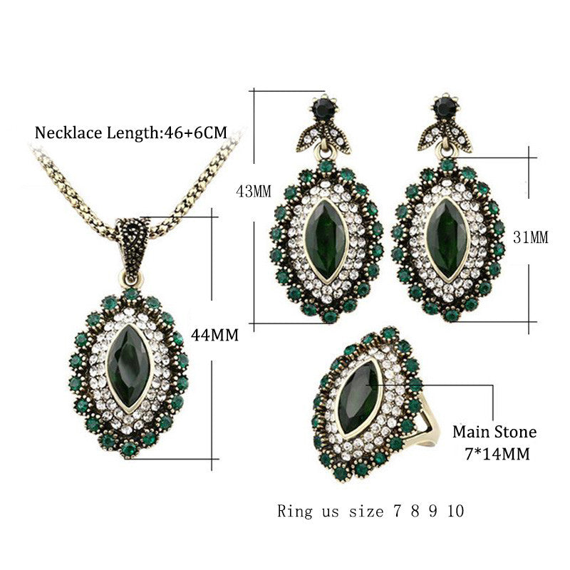 Green Crystal Flower Statement Necklace Earring Lozenge Ring Jewelry Set