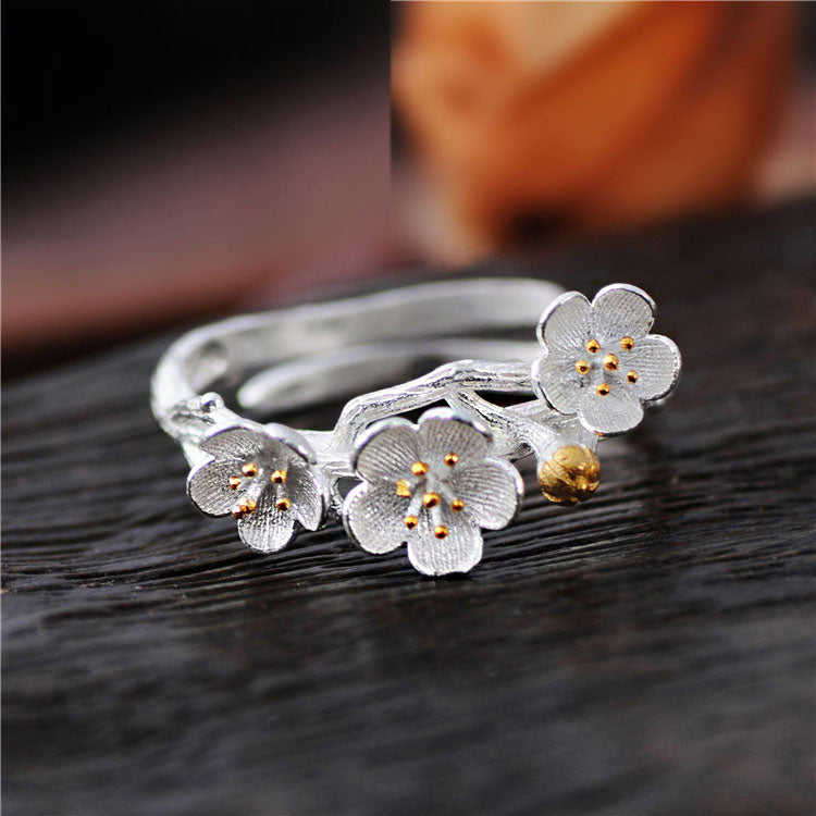 Silver Color Plum Flower Necklaces Ring Earrings Sets