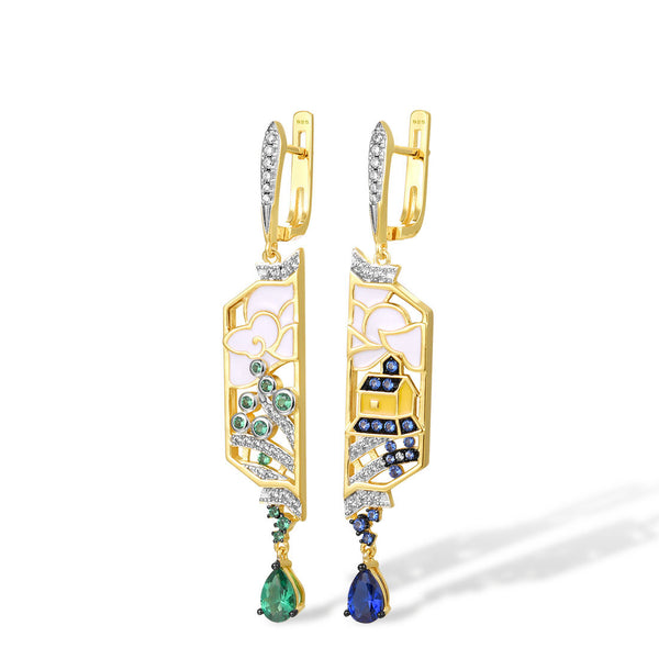 Pendientes colgantes de plata de ley 925 con circonita azul y espinela verde y esmalte blanco.