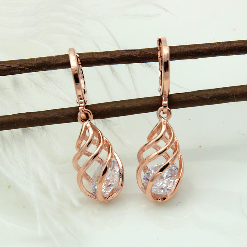 Spiral Hollow Water Drop Dangle Drop Zircon Earrings Rose Gold Color Jewelry Set