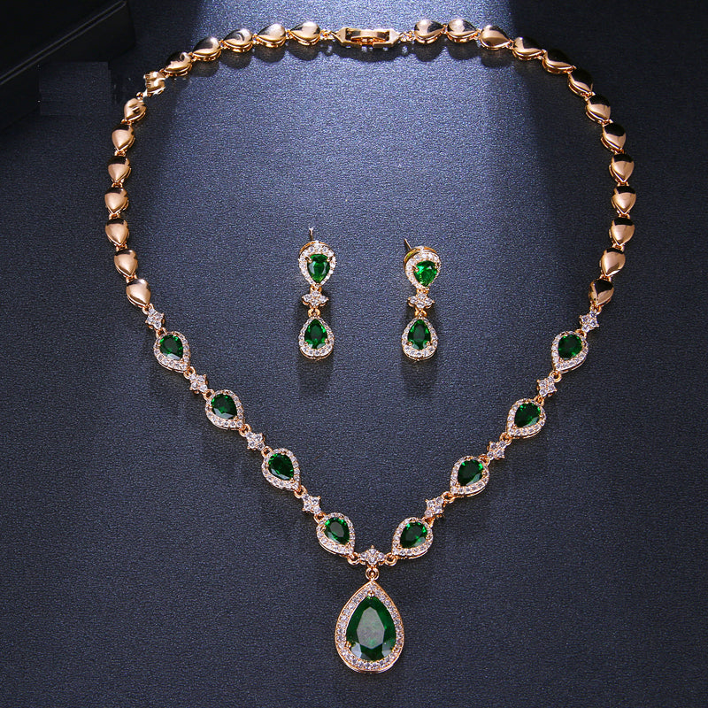 Rose Gold Green Waterdrop Appearance Zirconia  Earrings And Necklace Jewelry Sets