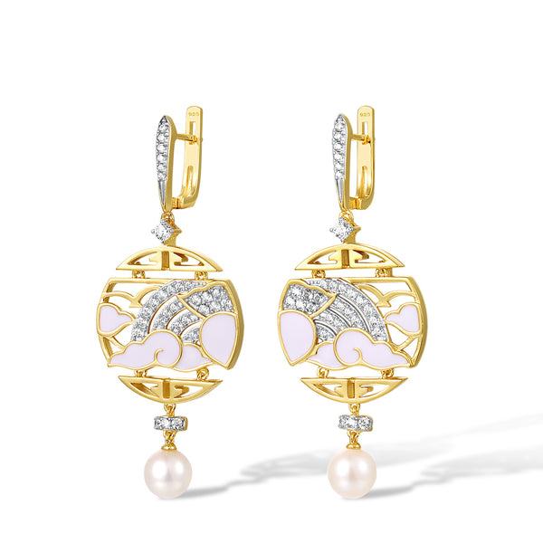 Pendientes colgantes de plata de ley 925 con perla redonda y esmalte blanco oriental.