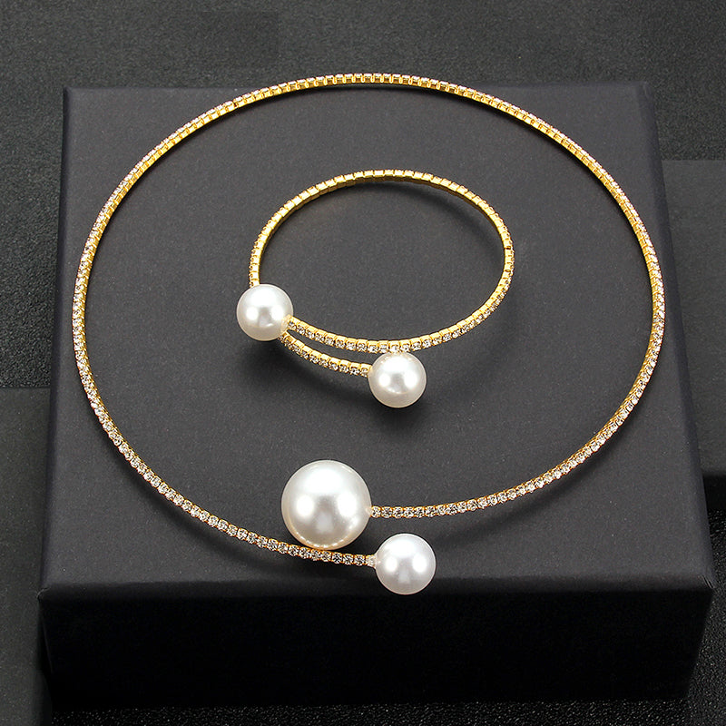 European Simulated Pearl Chokers  Necklace Bangle  Jewelry Set