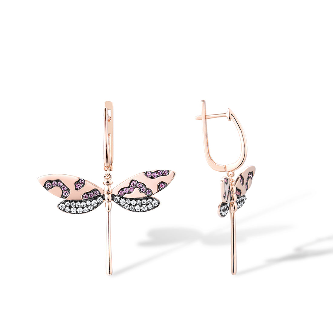 Pink Sapphire White CZ Dragonfly Earrings