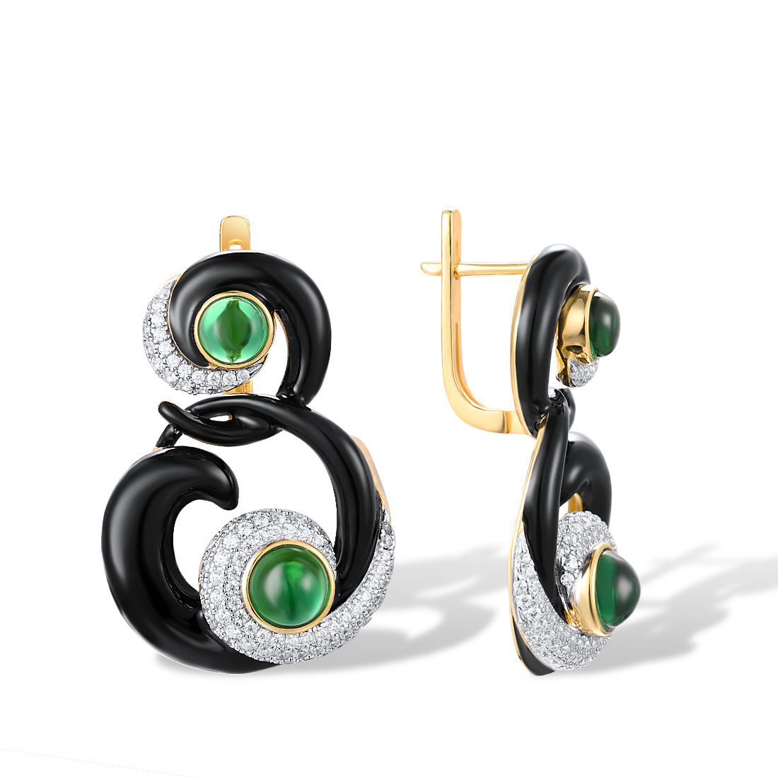 Green Stones White CZ Black Enamel Curved Earrings