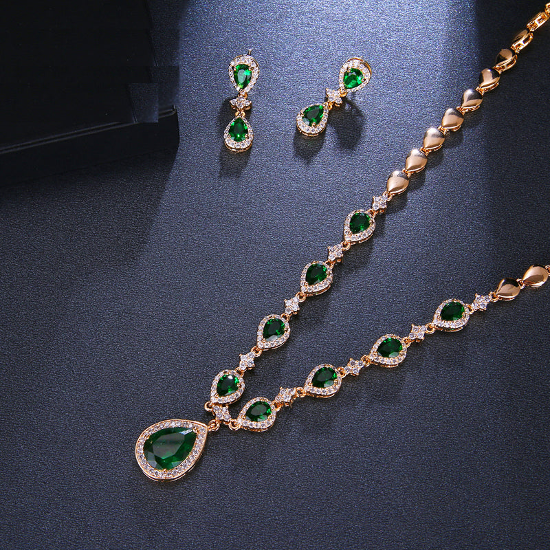 Rose Gold Green Waterdrop Appearance Zirconia  Earrings And Necklace Jewelry Sets