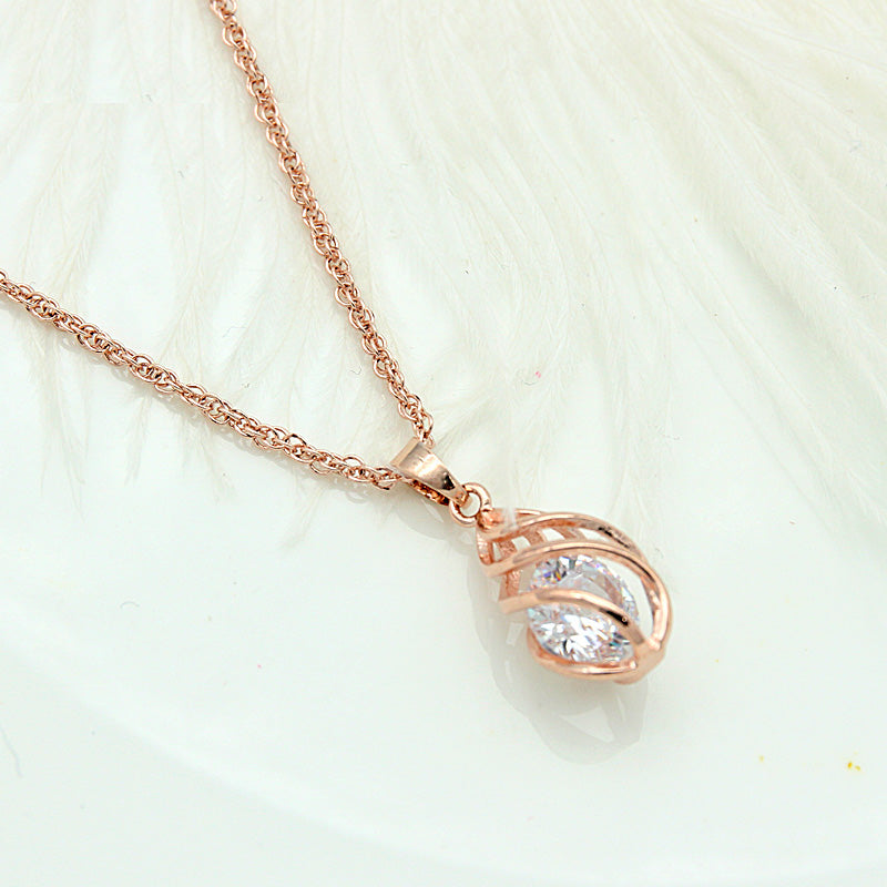 Spiral Hollow Water Drop Dangle Drop Zircon Earrings Rose Gold Color Jewelry Set