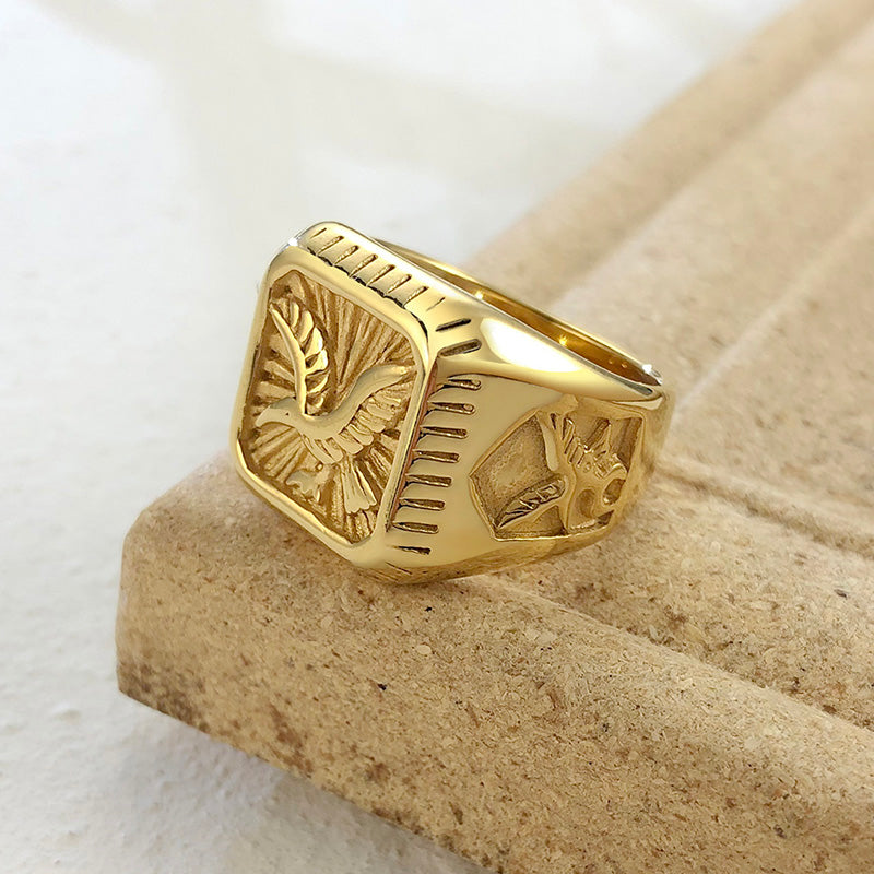 Bald Eagle Signet  Gold Plated Bird Ring For Men