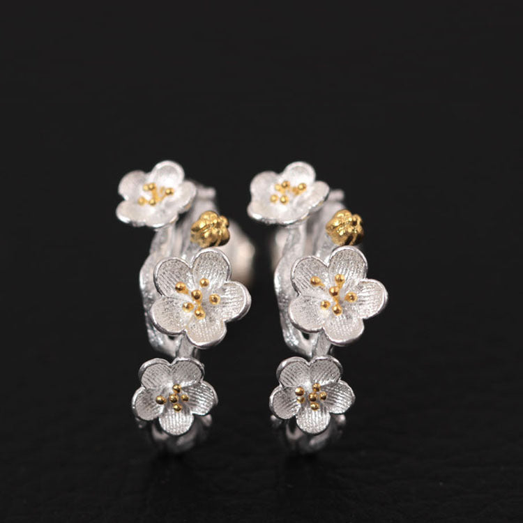 Silver Color Plum Flower Necklaces Ring Earrings Sets