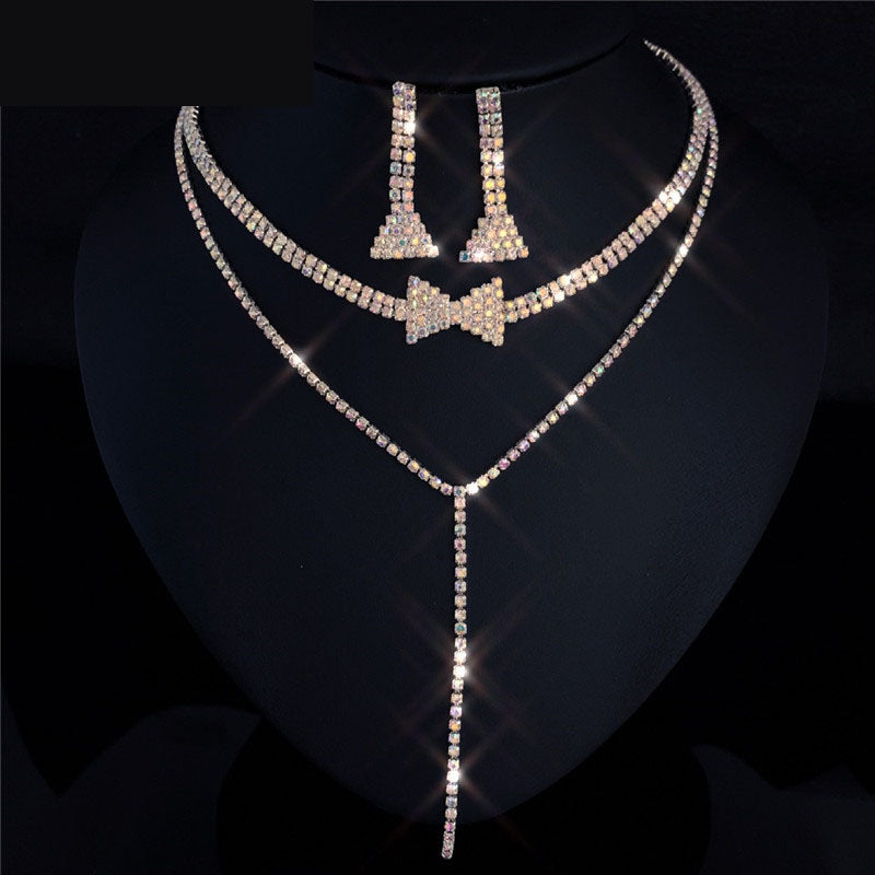 Water Drop Rhinestone Long Pendant Full Crystal Silver Jewelry Set