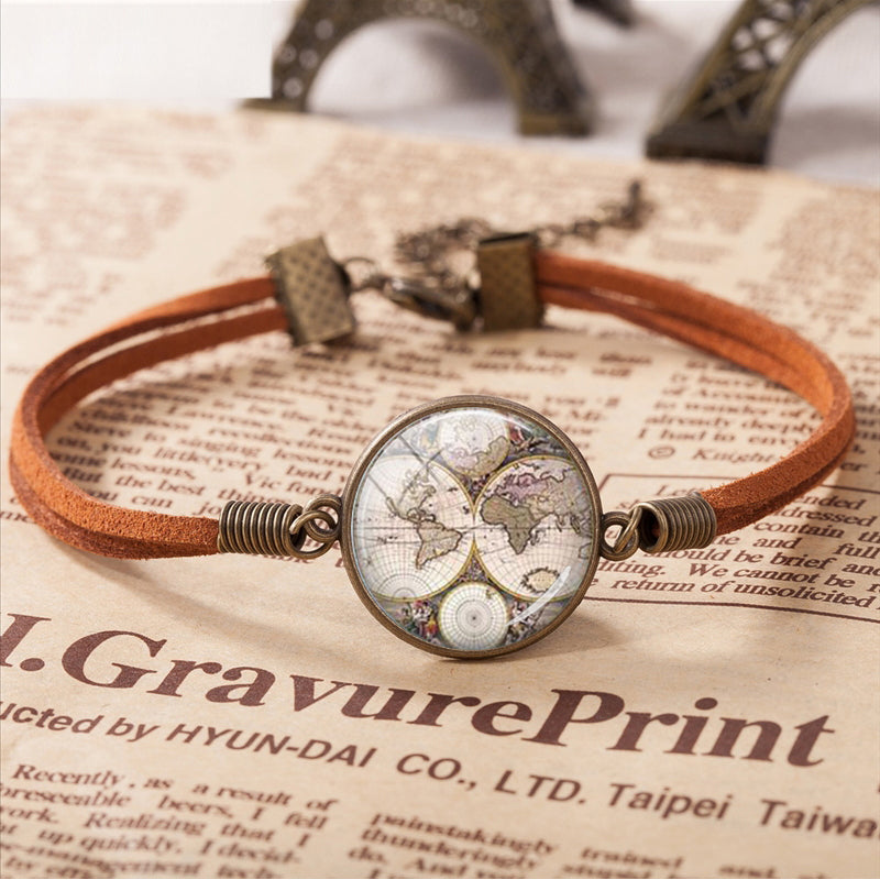 Planet Earth World Globe Map  Vintage Leather Bracelet