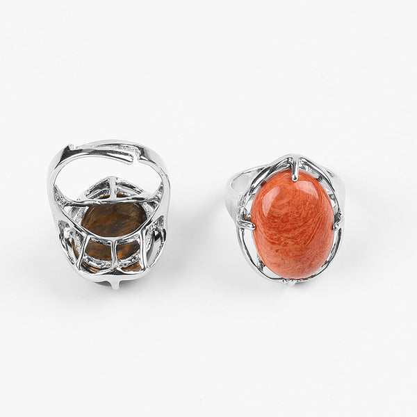 Anillos de boda para mujer con cabujón de piedra natural ovalada y ópalo ojo de tigre