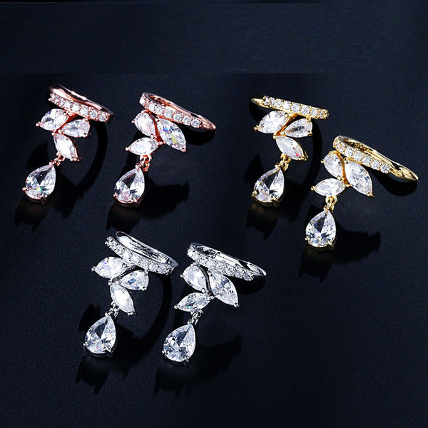 Fashion Drop Water Clip Earrings Jewelry Zirconia Crystal Leaf Cuff Earring