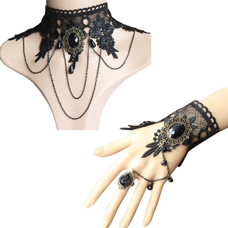 Vintage Lace Choker Necklace Ring Hand Bracelet Drop Earrings Set