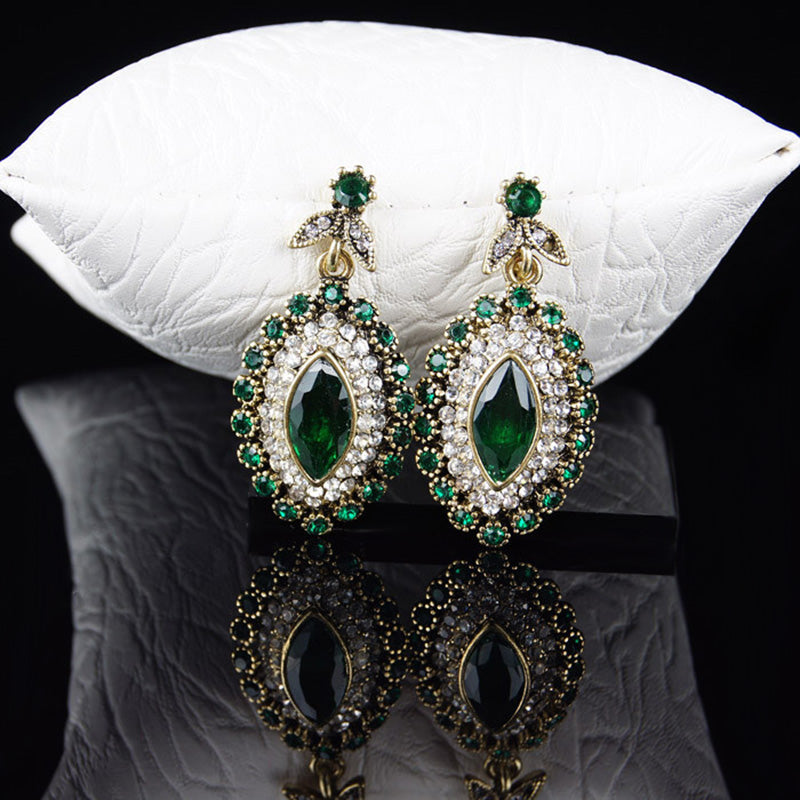 Green Crystal Flower Statement Necklace Earring Lozenge Ring Jewelry Set