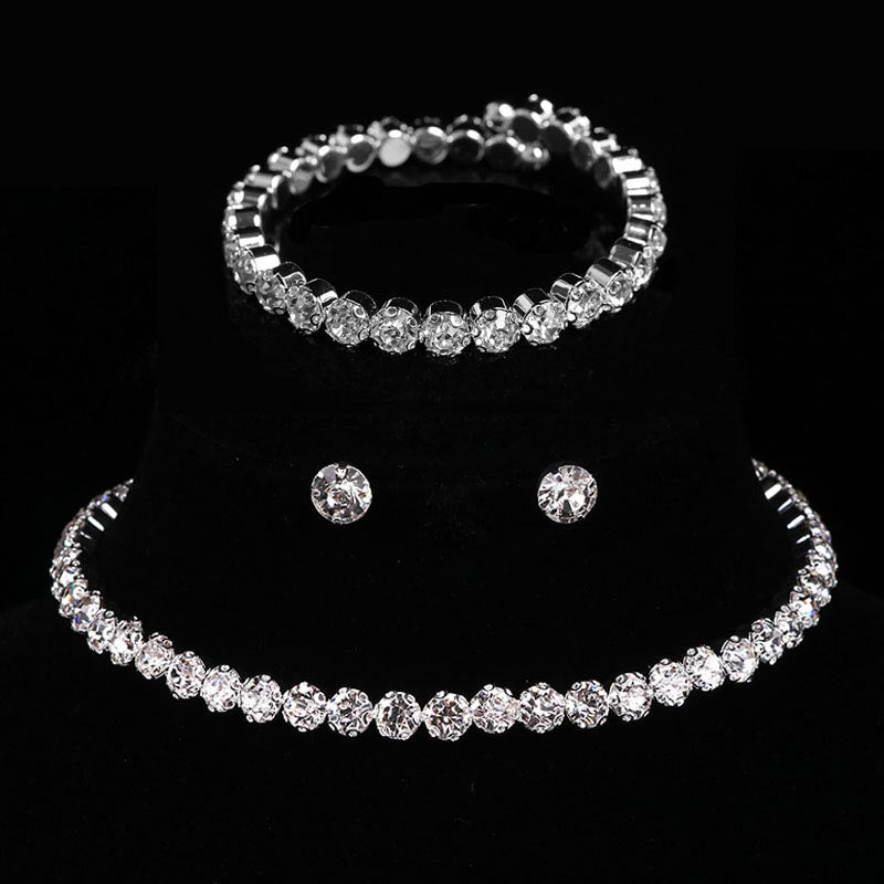 Silver Color African Beads Rhinestone Wedding Necklace Earrings Bracelet Set